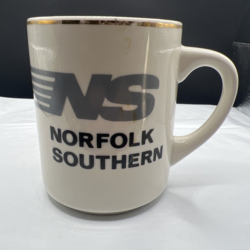 Vintage Norfolk Southern Railroad Coffee Mug Gold Rim White Gray NS Logo